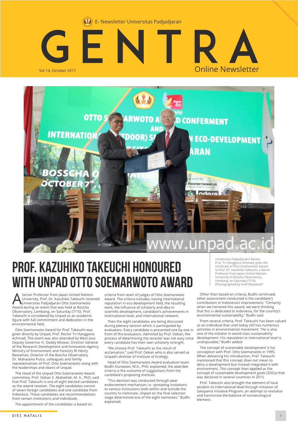 Prof. Kazuhiko Takeuchi Honoured with Unpad Otto Soemarwoto Award