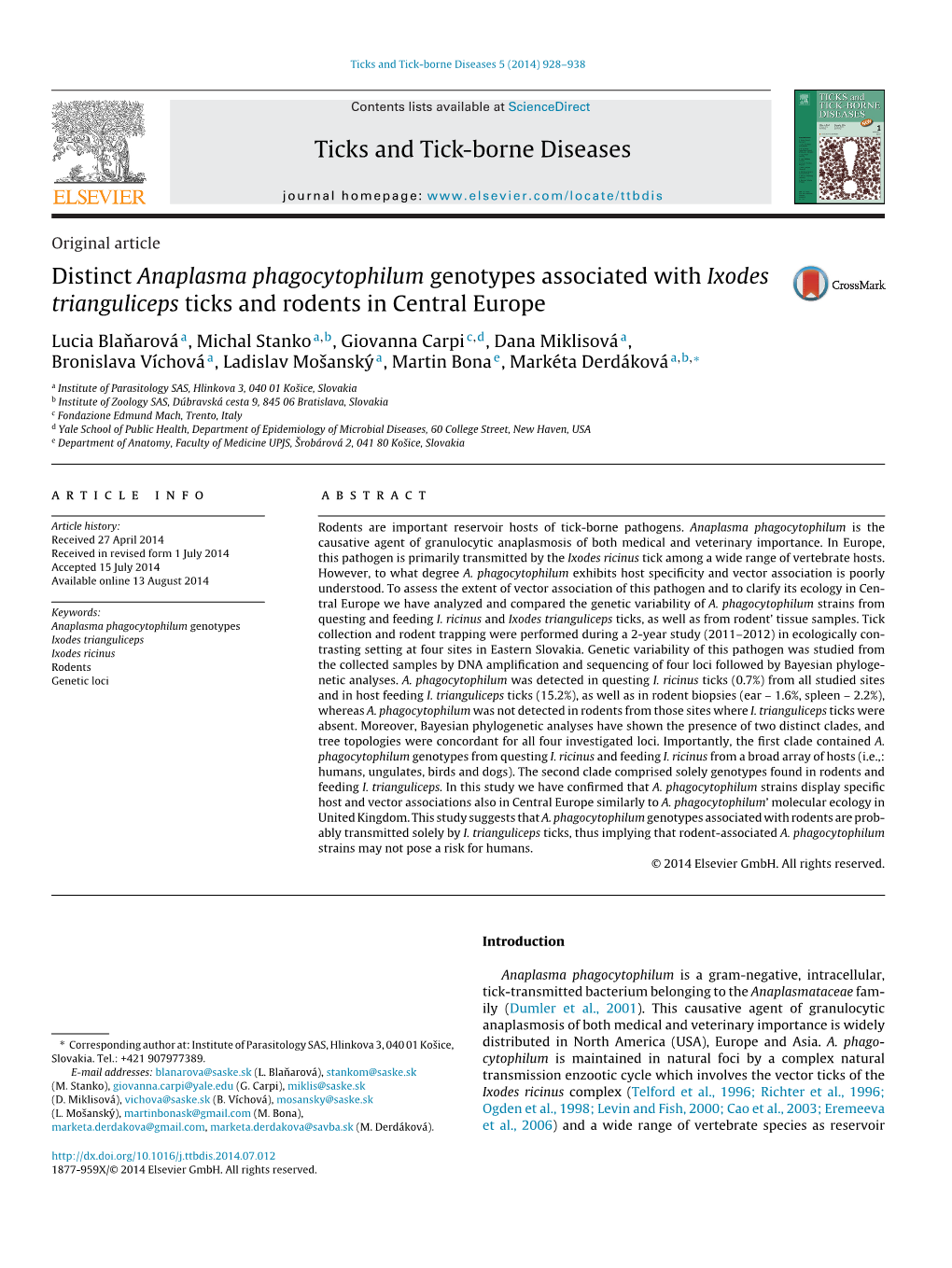 Distinct Anaplasma Phagocytophilum Genotypes Associated with Ixodes