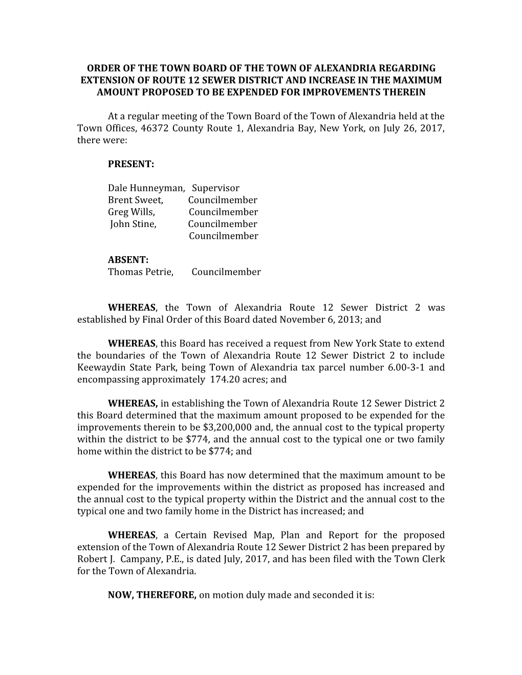 Order of the Town Board of the Town of Alexandria Regarding Extension of Route 12 Sewer