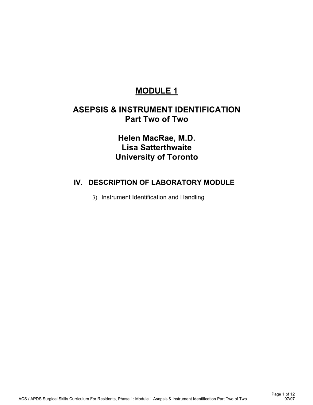 MODULE 1 ASEPSIS & INSTRUMENT IDENTIFICATION Part Two of Two