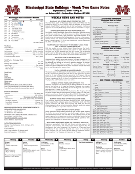 Mississippi State Bulldogs • Week Two Game Notes September 12, 2009 • 6:00 P.M