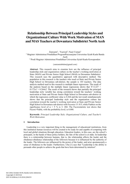 Relationship Between Principal Leadership Styles and Organizational Culture with Work Motivation of MAN and MAS Teachers at Dewantara Subdistrict North Aceh