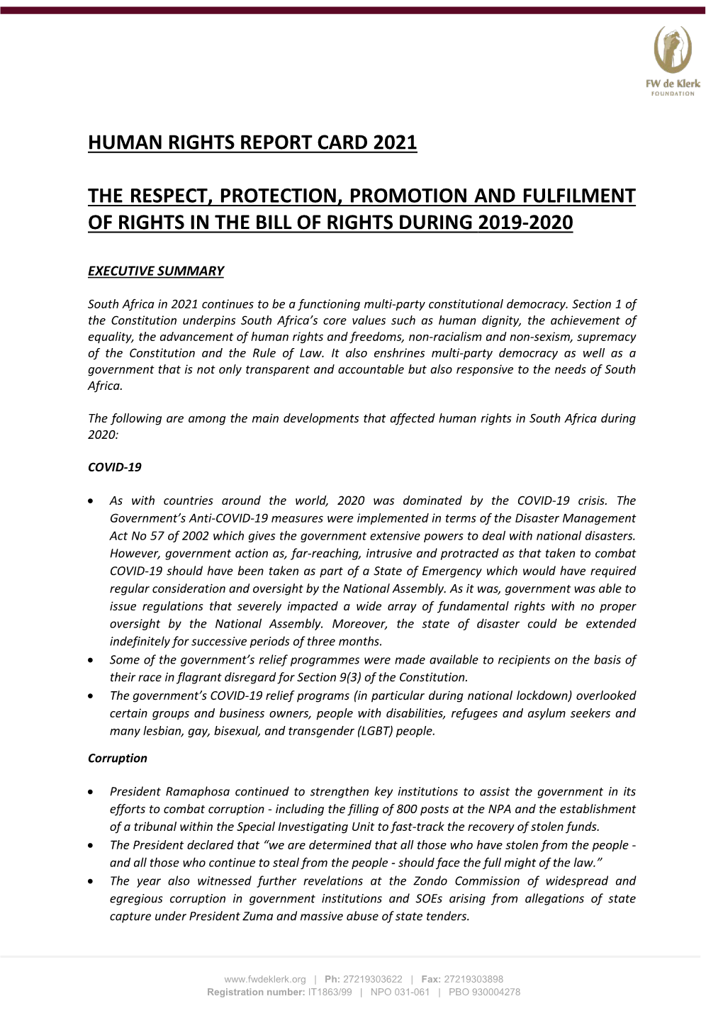 Human Rights Report Card 2021 the Respect, Protection, Promotion And