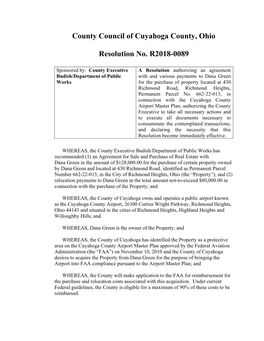 County Council of Cuyahoga County, Ohio Resolution No. R2018-0089