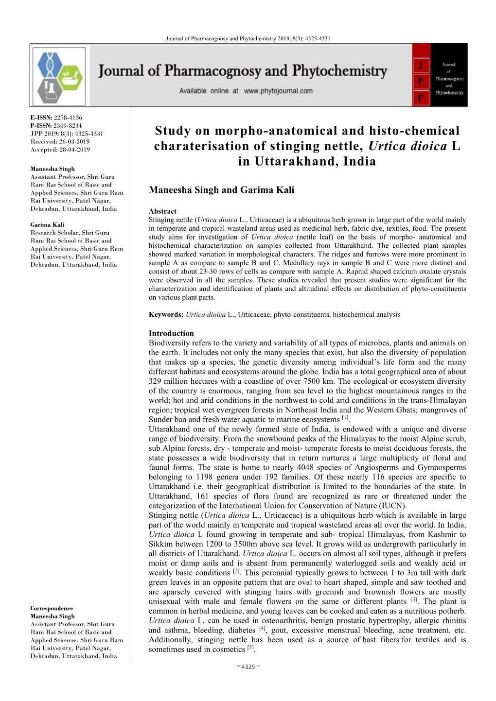 Study on Morpho-Anatomical and Histo-Chemical Charaterisation of Stinging Nettle, Urtica Dioica L in Uttarakhand, India