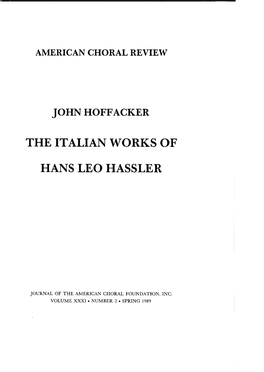 The Italian Works of Hans Leo Hassler