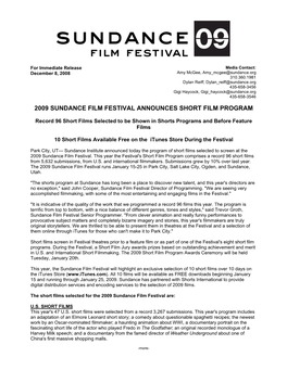 2009 Sundance Film Festival Announces Short Film Program