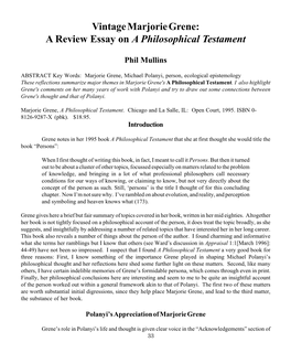 Vintage Marjorie Grene: a Review Essay on a Philosophical Testament