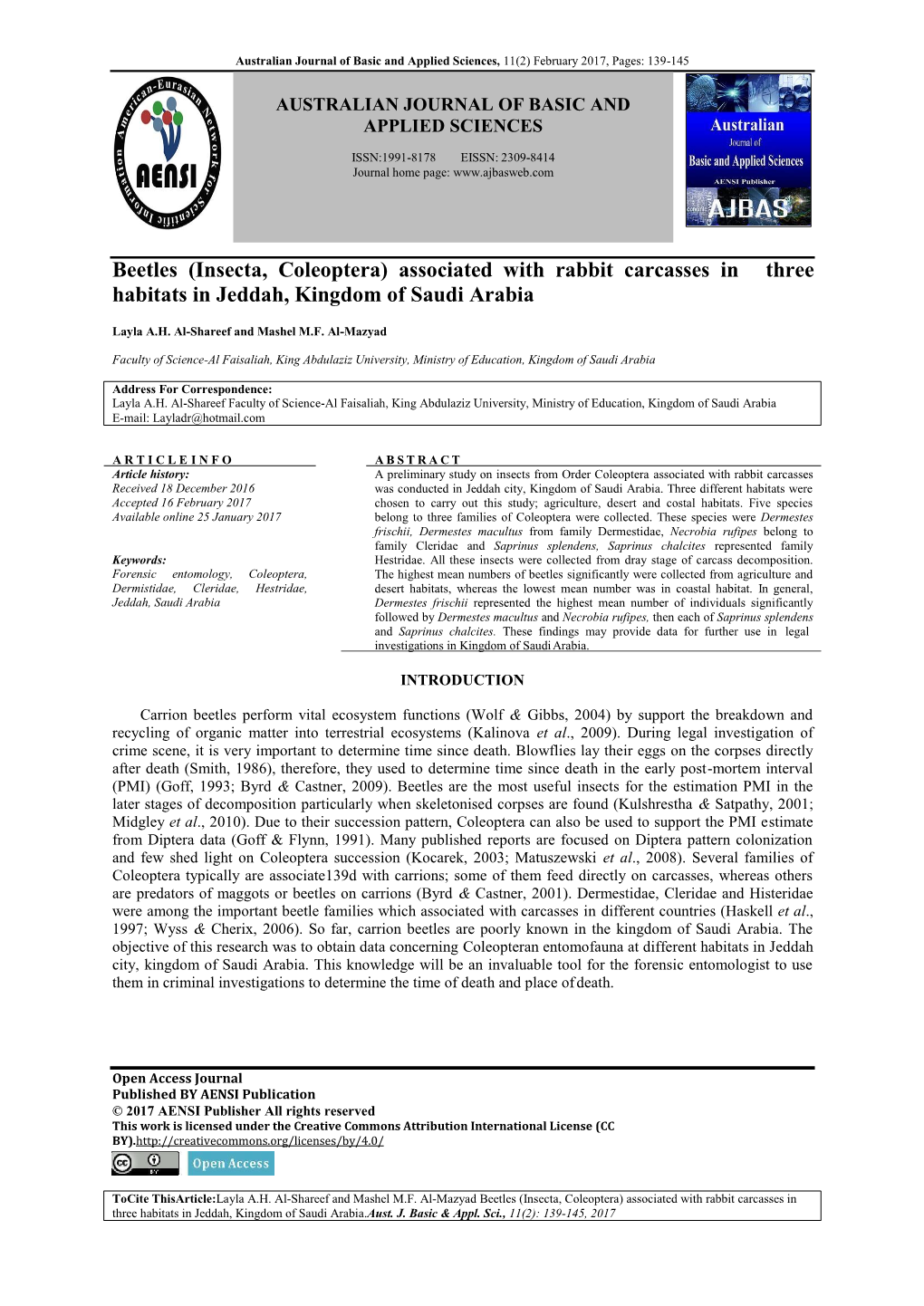 (Insecta, Coleoptera) Associated with Rabbit Carcasses in Three Habitats in Jeddah, Kingdom of Saudi Arabia