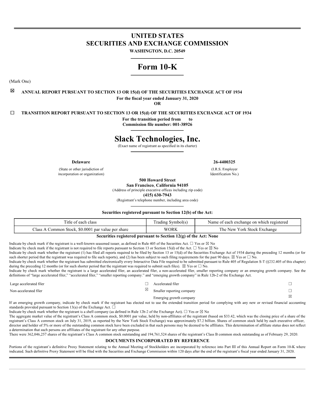 Form 10-K Slack Technologies, Inc