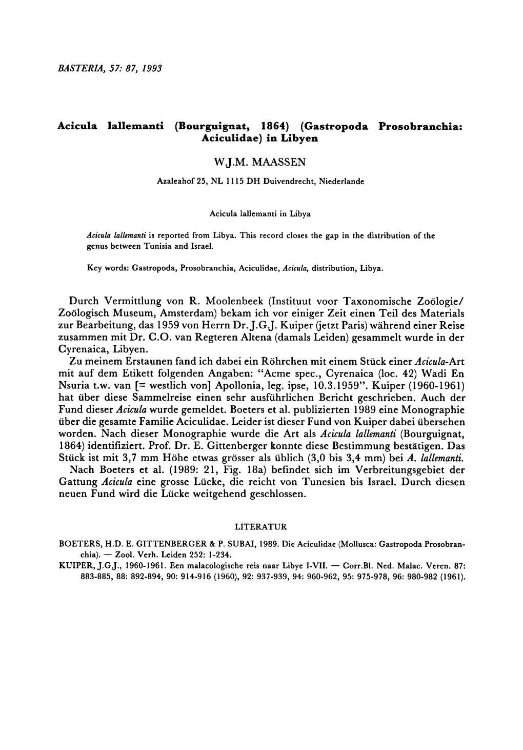 1989: Verbreitungsgebiet Gattung Acicula