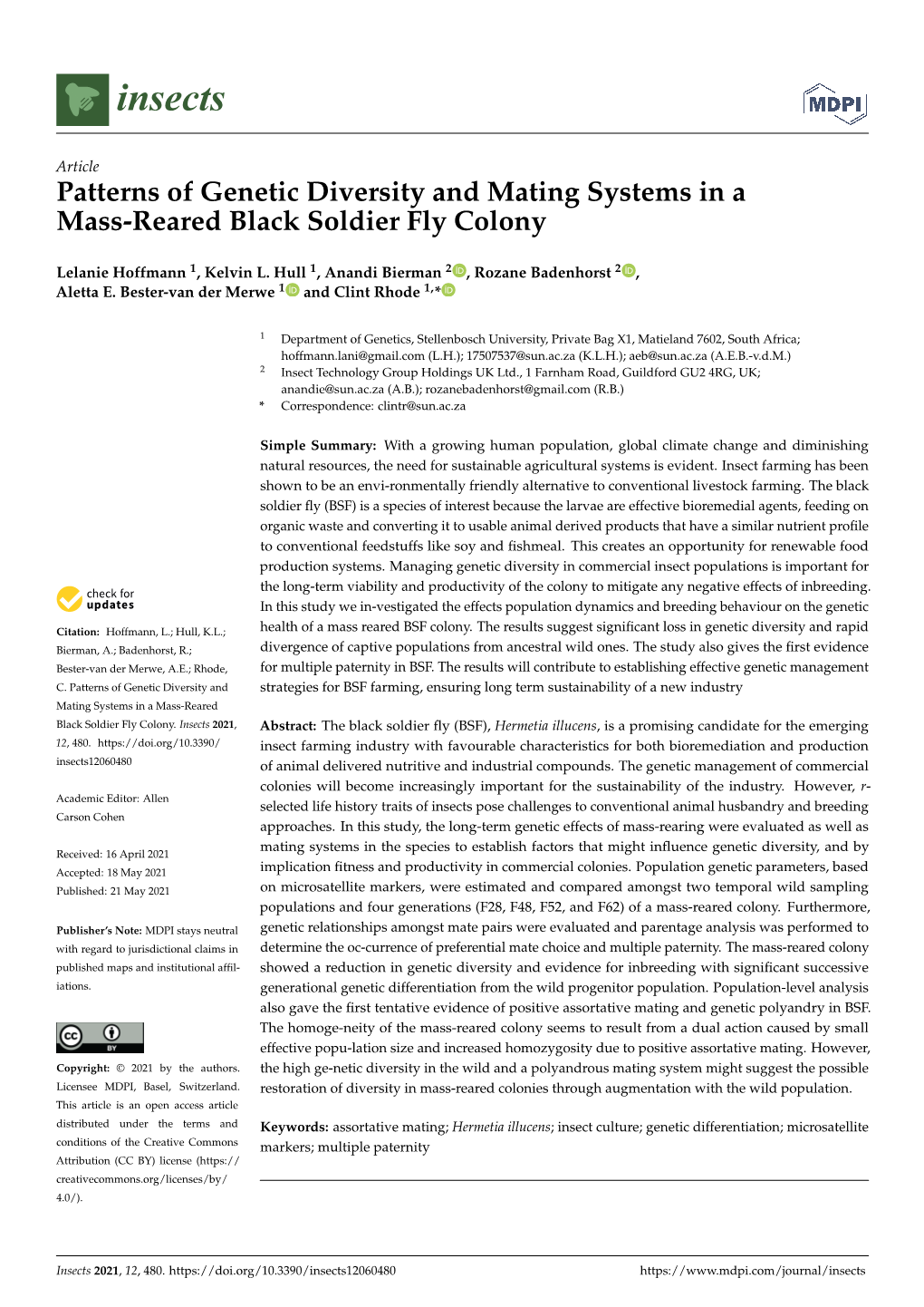 Patterns of Genetic Diversity and Mating Systems in a Mass-Reared Black Soldier Fly Colony