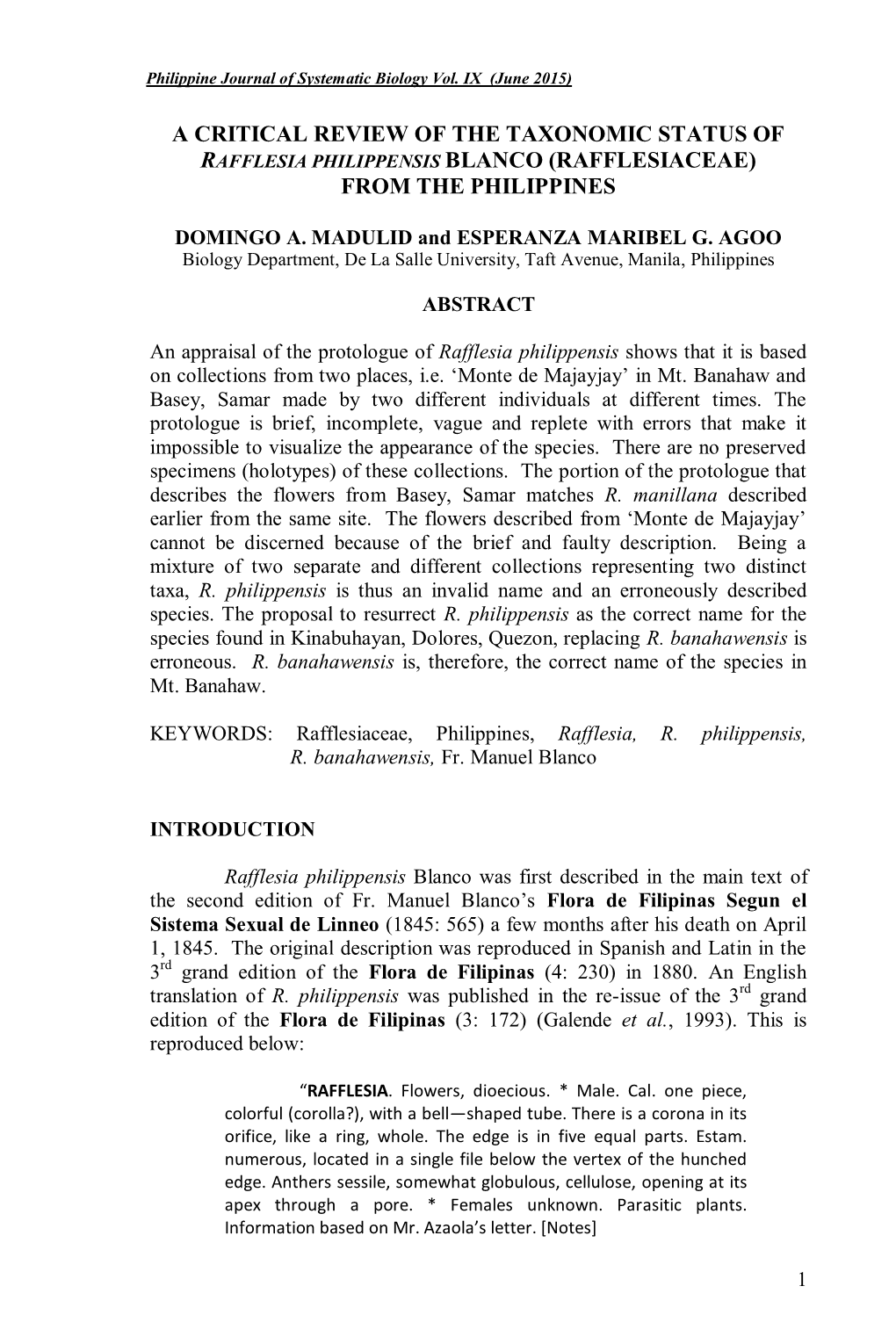 A Critical Review of the Taxonomic Status of Rafflesia Philippensis Blanco (Rafflesiaceae) from the Philippines