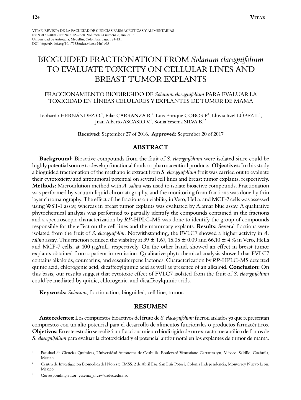 BIOGUIDED FRACTIONATION from Solanum Elaeagnifolium to EVALUATE TOXICITY on CELLULAR LINES and BREAST TUMOR EXPLANTS