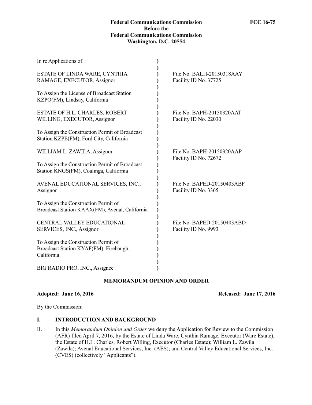 Federal Communications Commission FCC 16-75