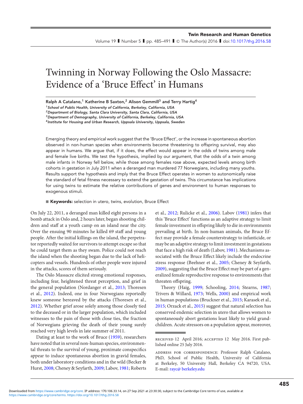 Twinning in Norway Following the Oslo Massacre: Evidence of a 'Bruce Effect' in Humans