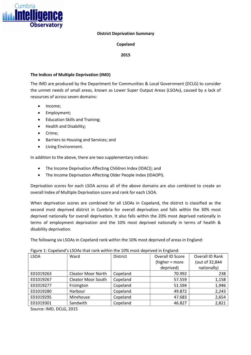 Copeland District Deprivation Summary