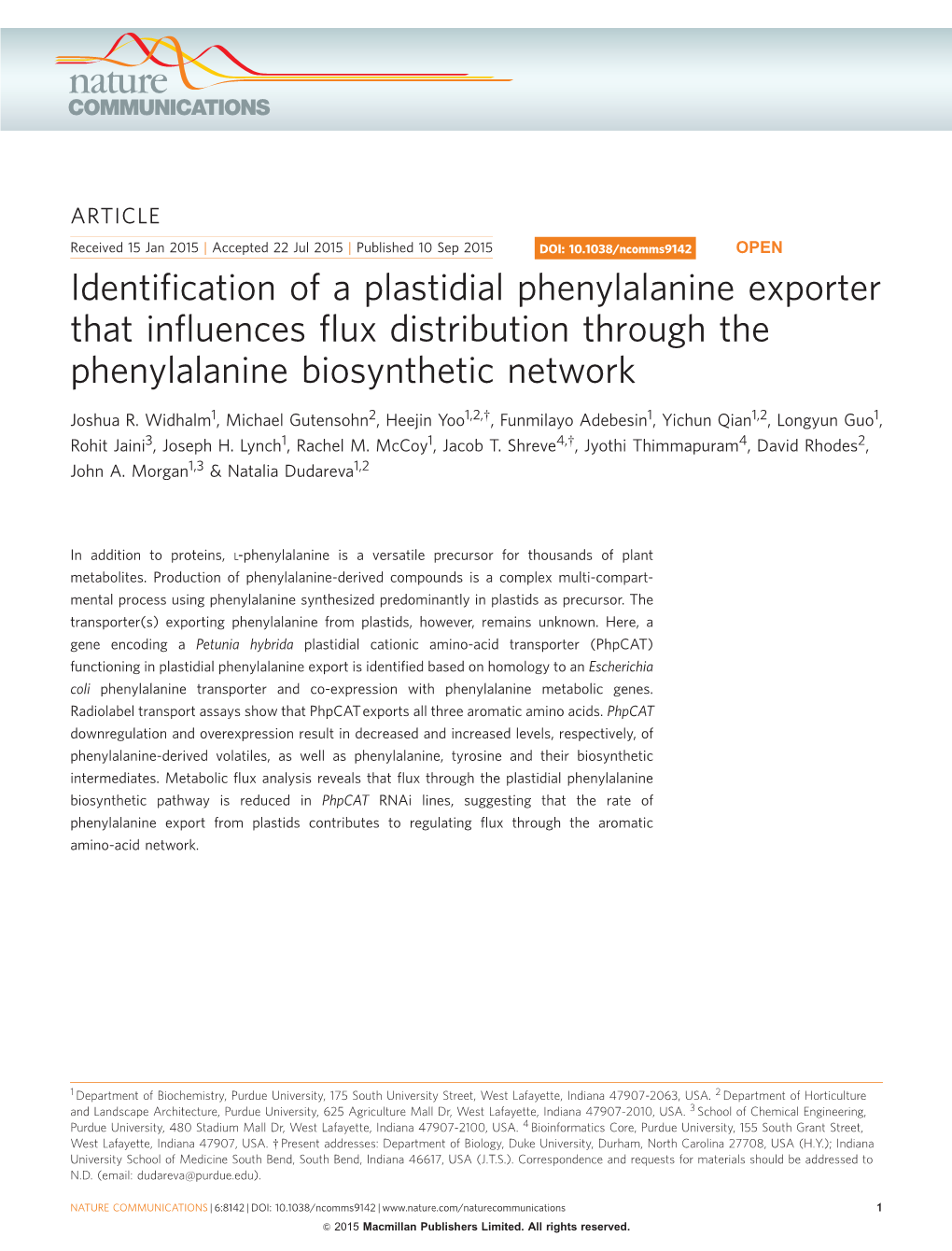 Identification of a Plastidial Phenylalanine Exporter That Influences Flux Distribution Through the Phenylalanine Biosynthetic Network