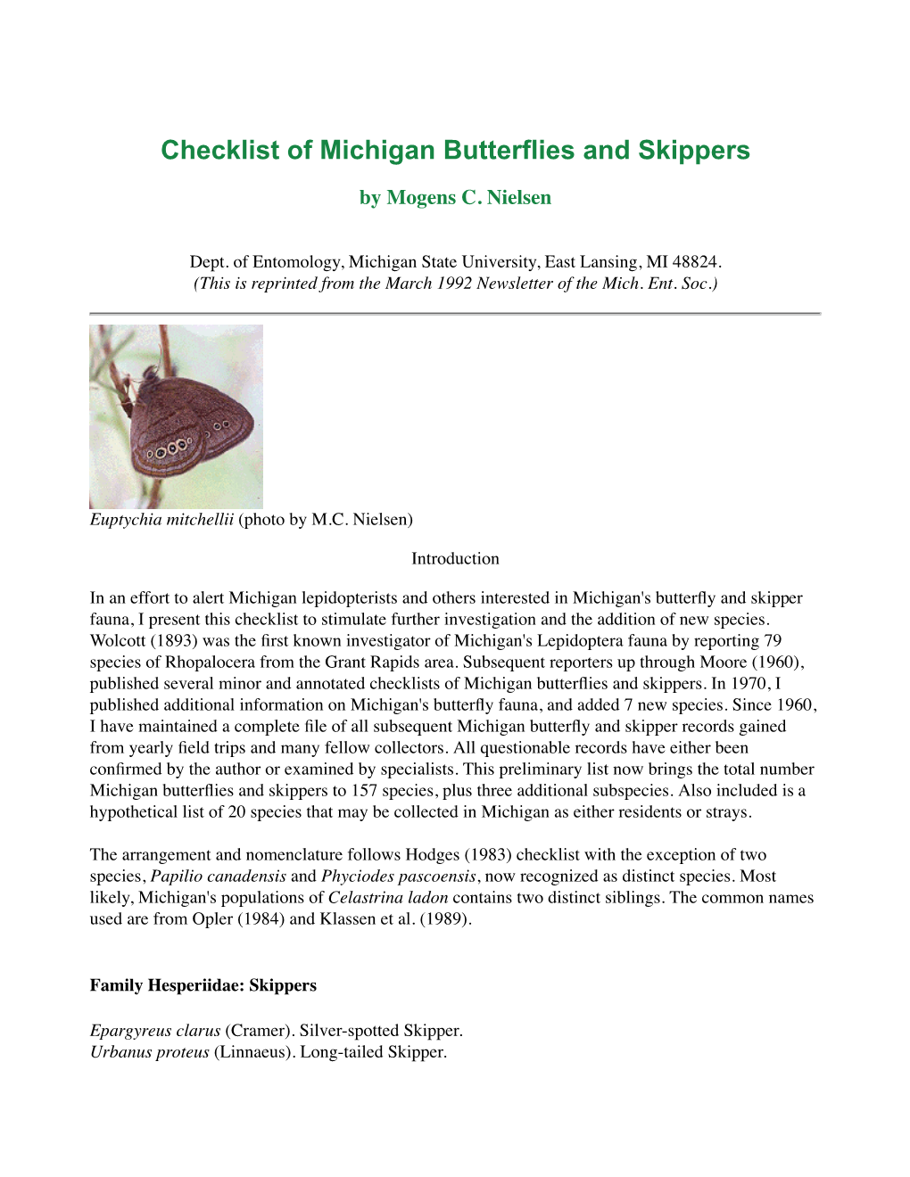 Michigan Butterfly Checklist