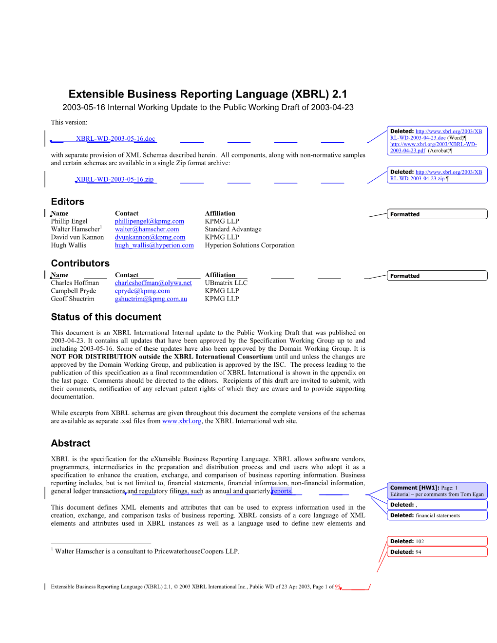 (XBRL) 2.1 2003-05-16 Internal Working Update to the Public Working Draft of 2003-04-23