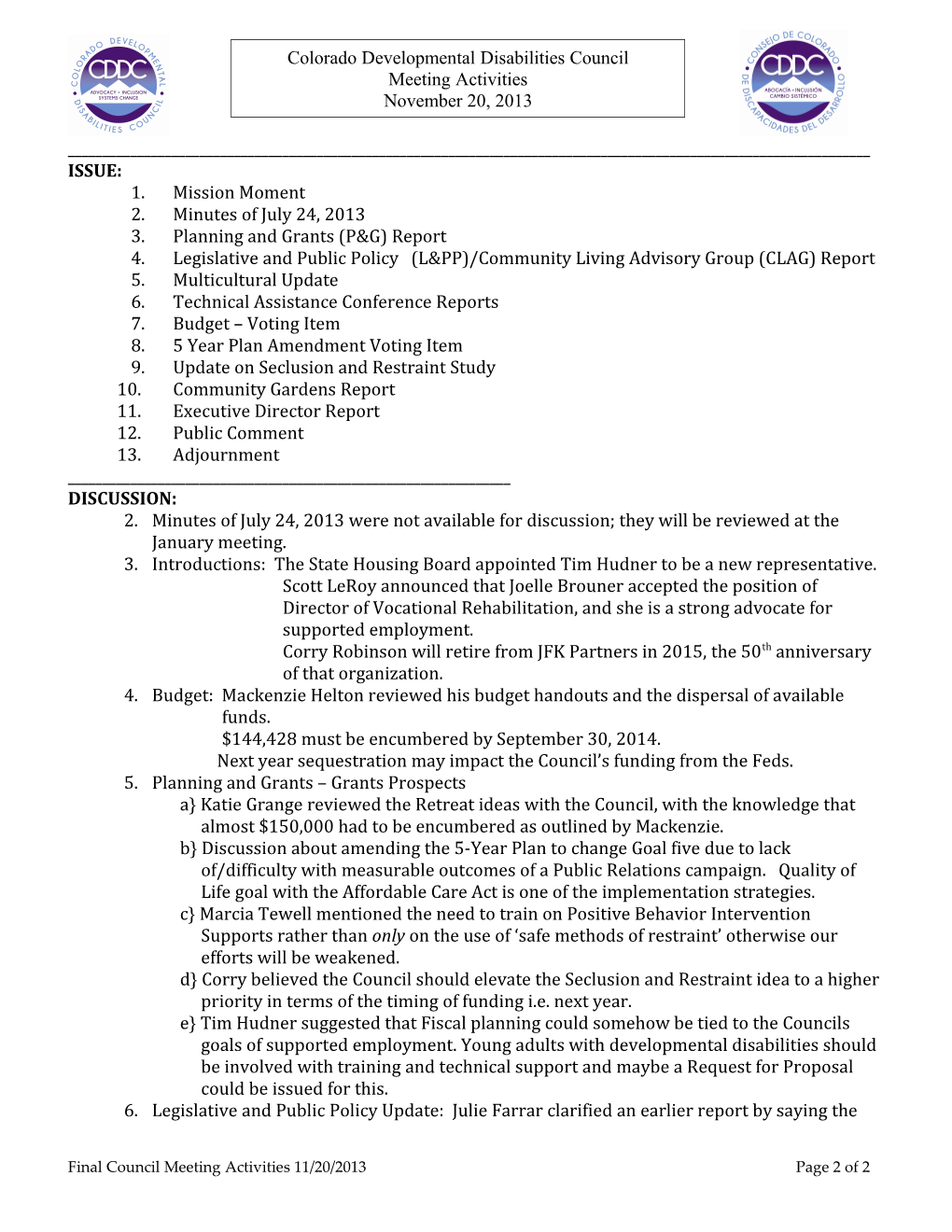 3. Planning and Grants (P&G) Report