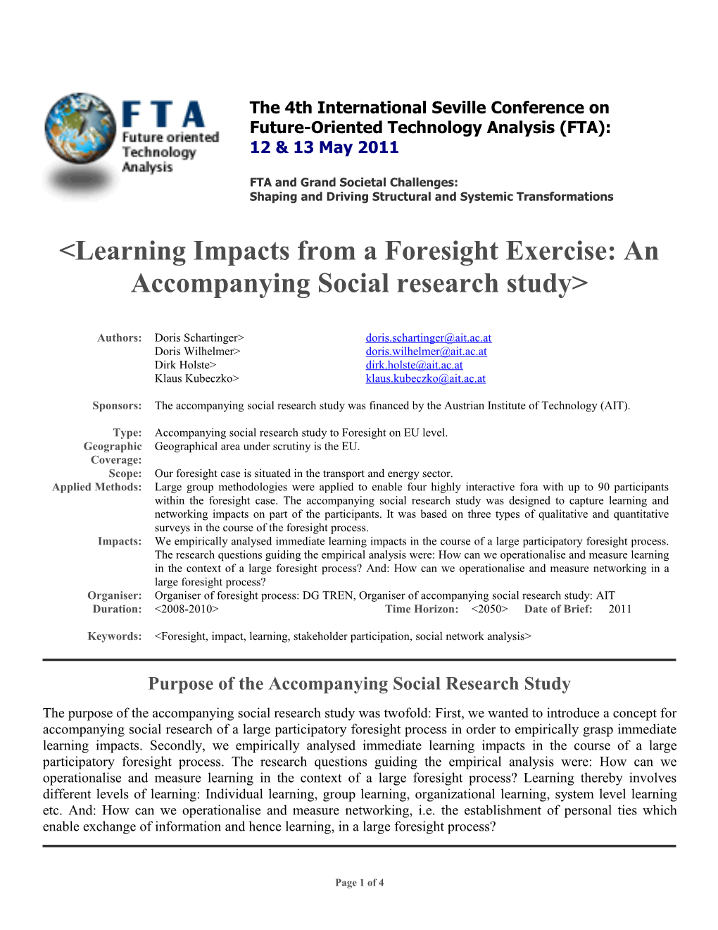 <Learning Impacts from a Foresight Exercise: an Accompanying Social Research Study>