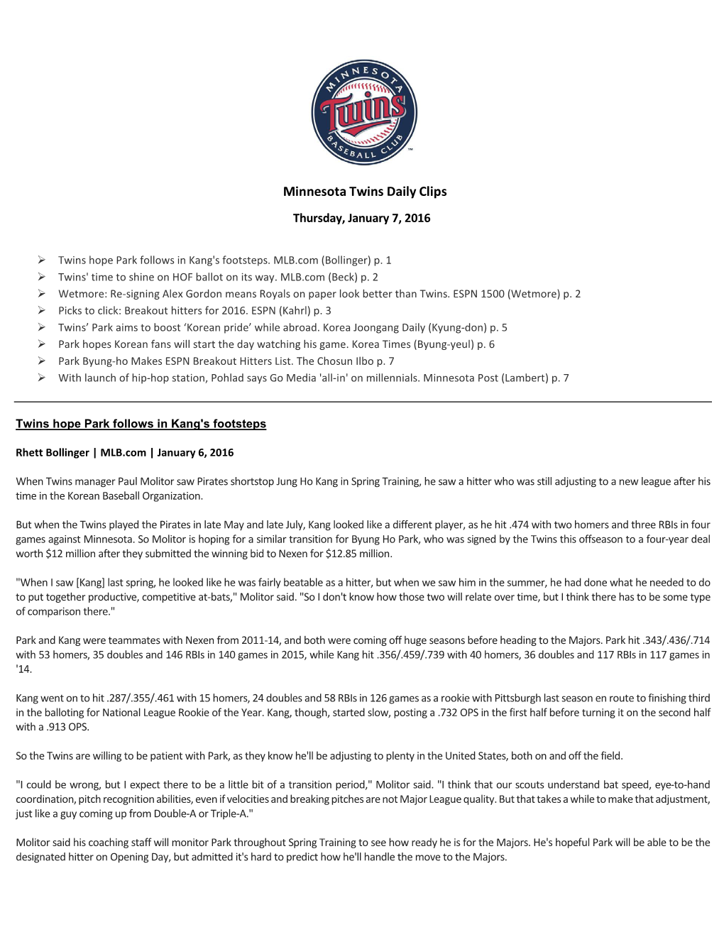 Minnesota Twins Daily Clips Thursday, January 7, 2016