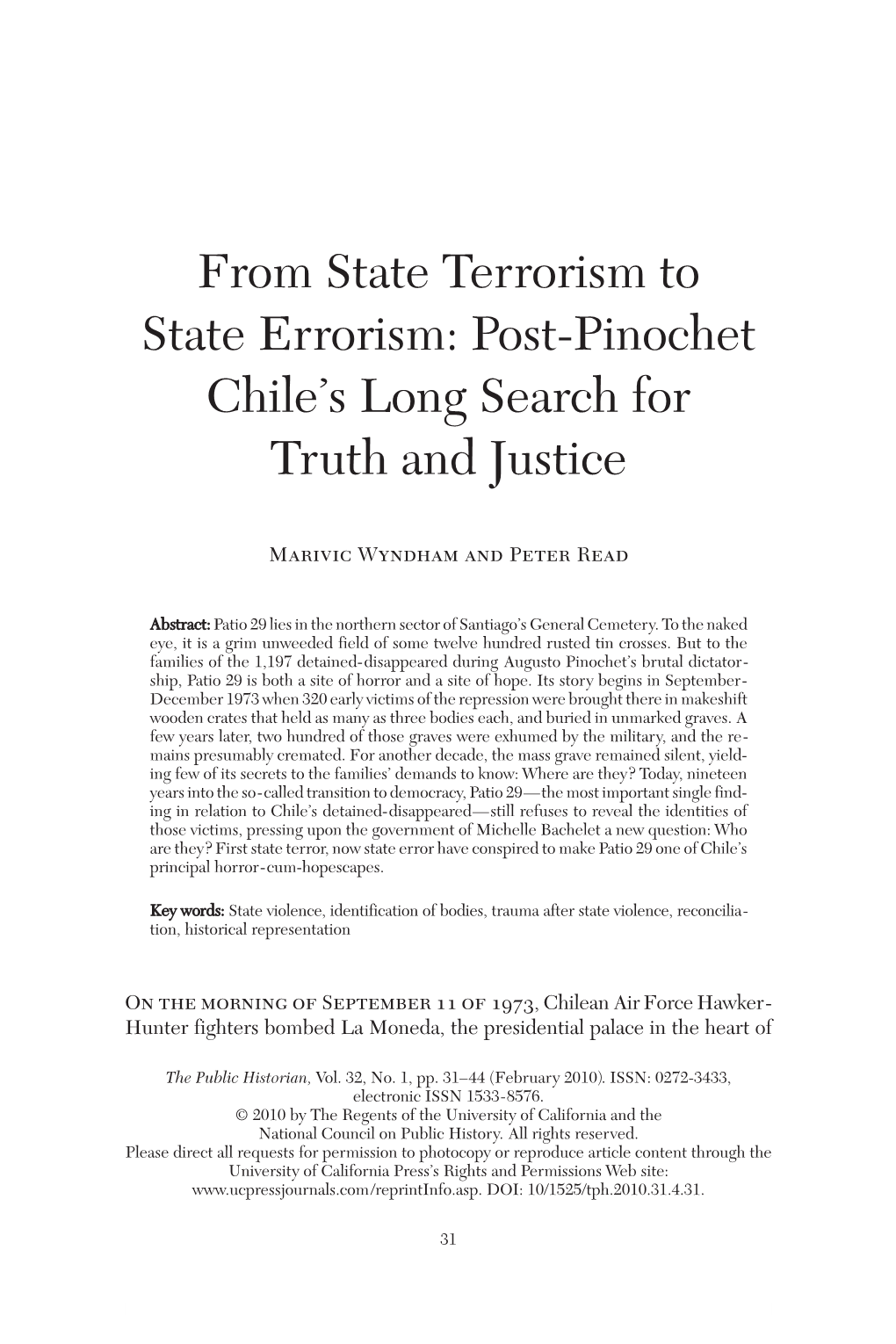 From State Terrorism to State Errorism: Post-Pinochet Chile's Long Search