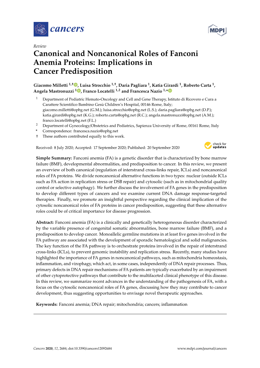 Canonical and Noncanonical Roles of Fanconi Anemia Proteins: Implications in Cancer Predisposition