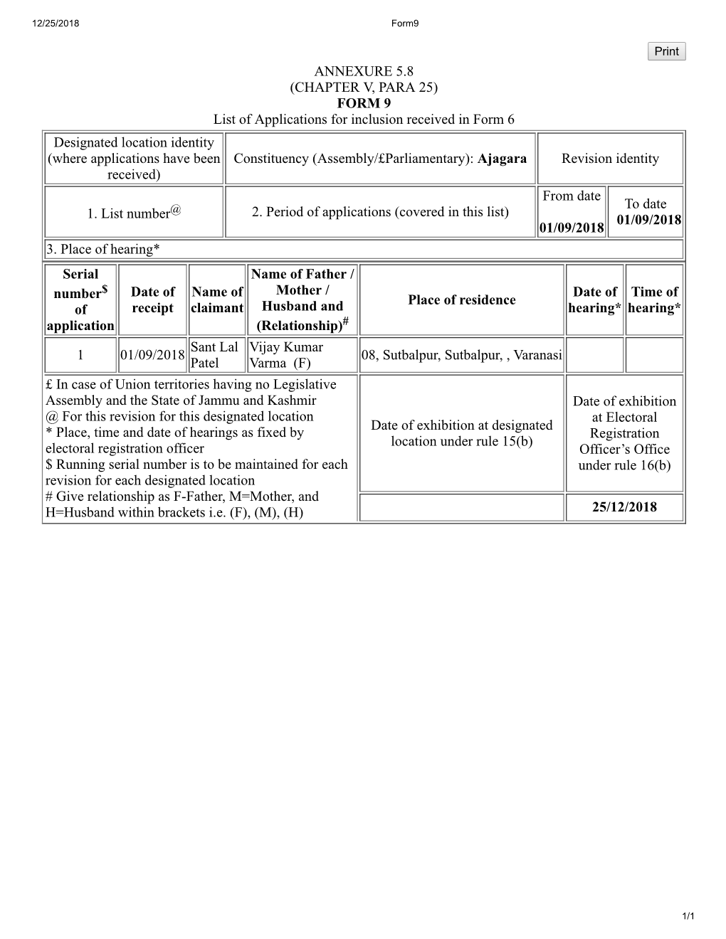 ANNEXURE 5.8 (CHAPTER V, PARA 25) FORM 9 List of Applications For