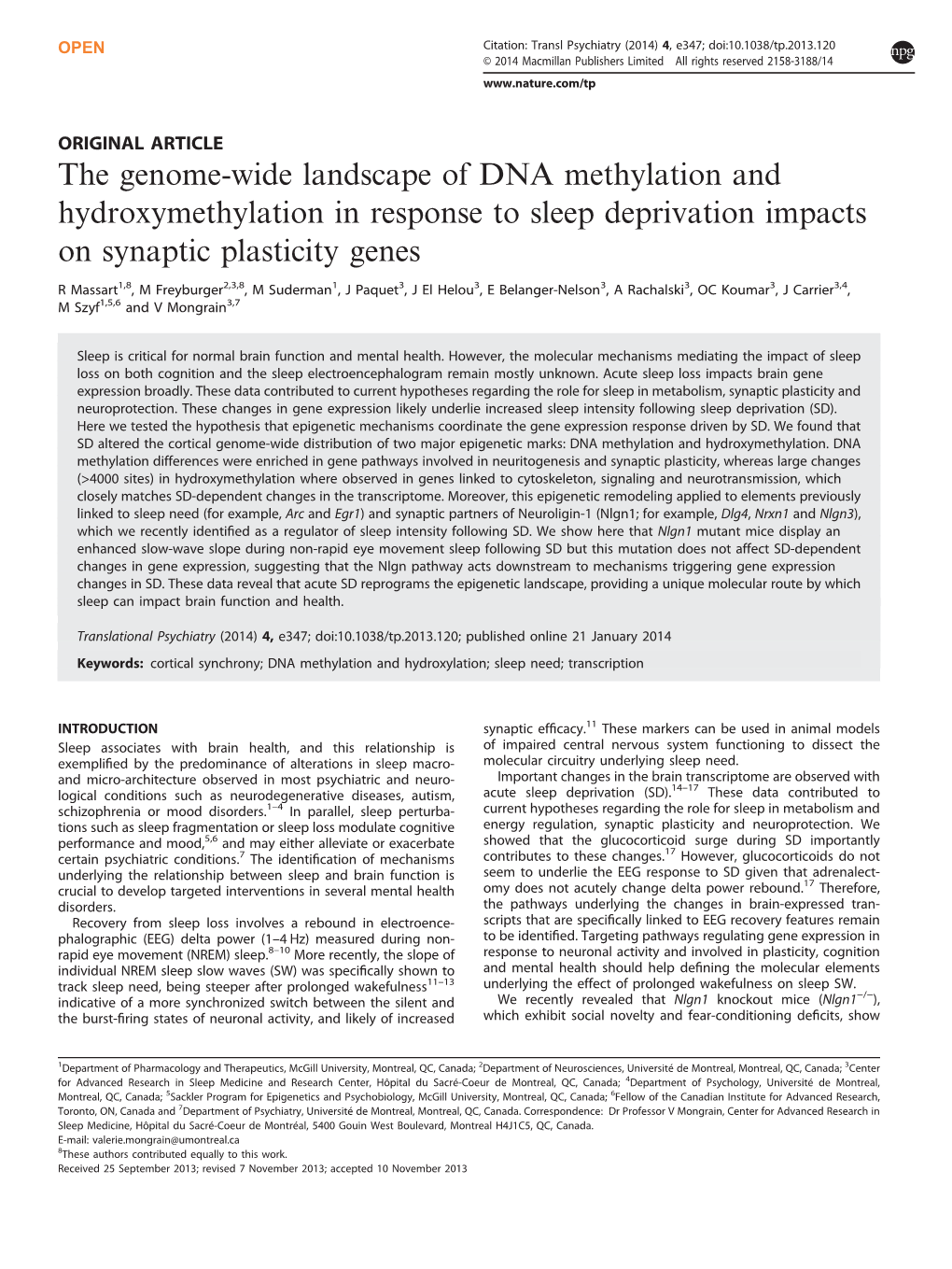 The Genome-Wide Landscape of DNA Methylation and Hydroxymethylation in Response to Sleep Deprivation Impacts on Synaptic Plasticity Genes