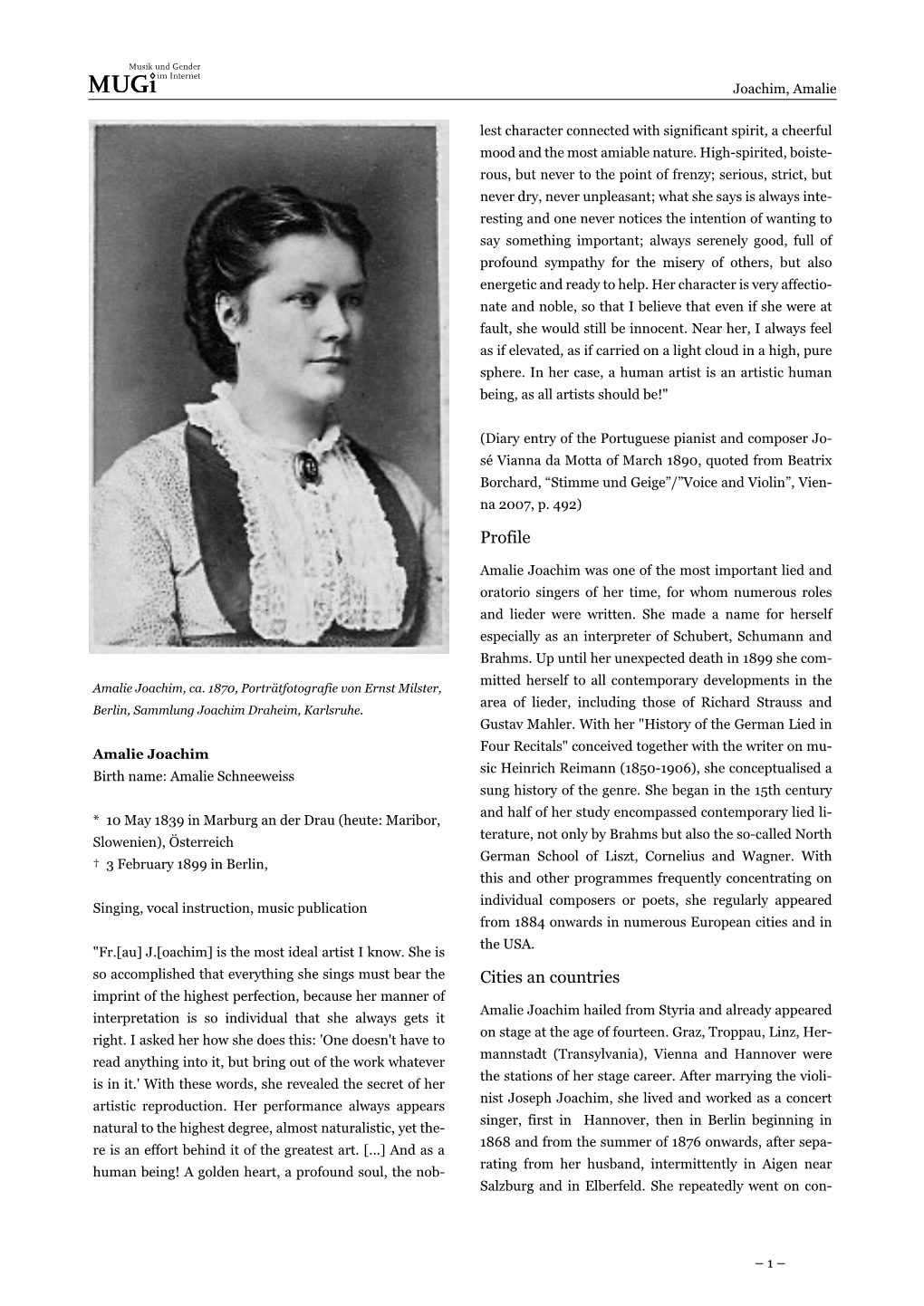 Amalie Joachim Was One of the Most Important Lied and Oratorio Singers of Her Time, for Whom Numerous Roles and Lieder Were Written