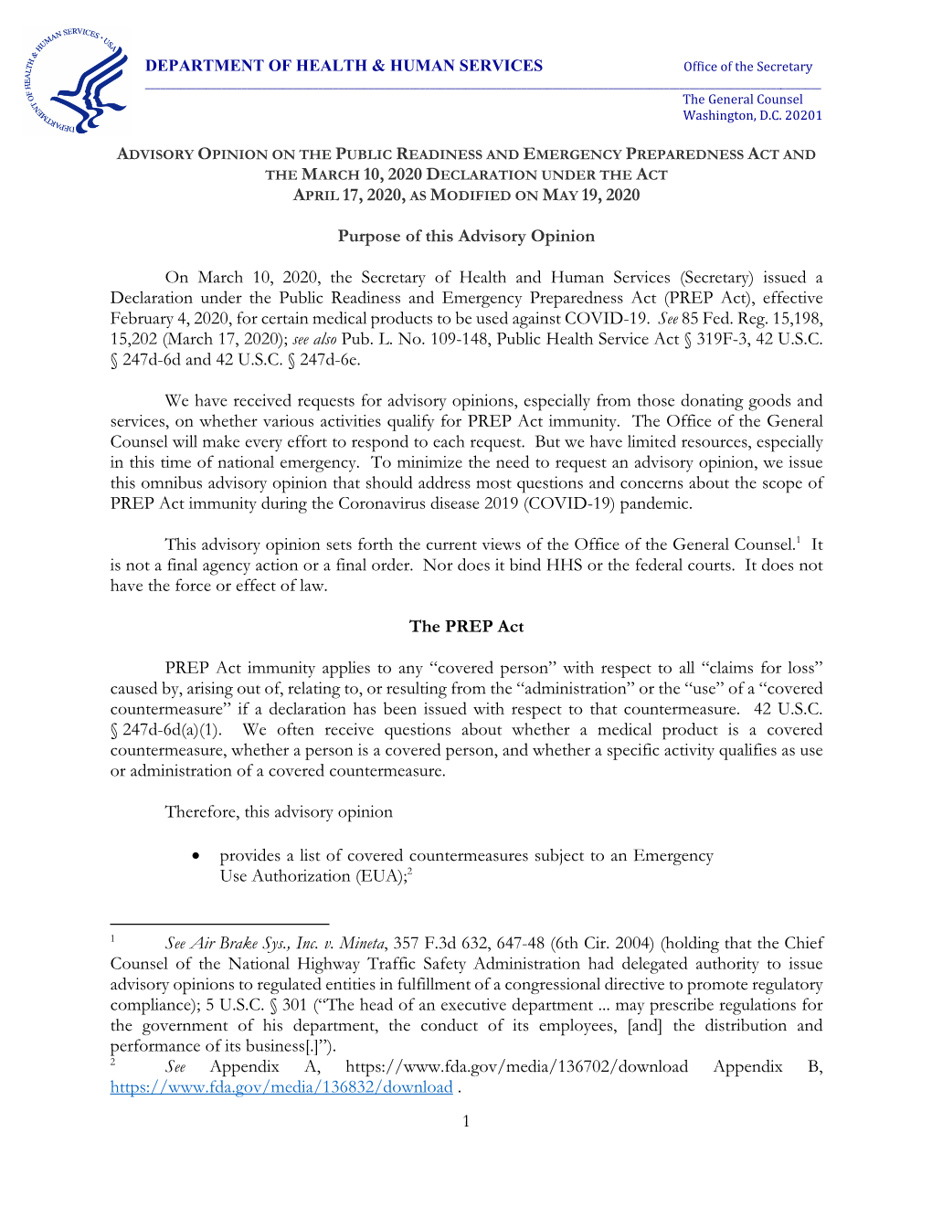 Advisory Opinion on the Public Readiness and Emergency Preparedness Act and the March 10, 2020 Declaration Under the Act April 17, 2020, As Modified on May 19, 2020