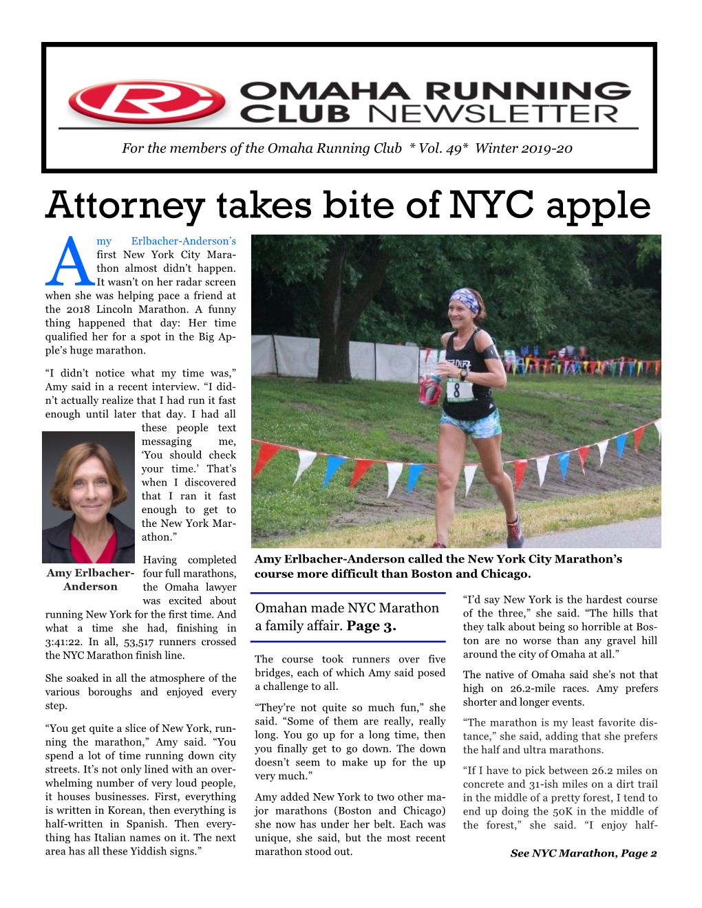 Attorney Takes Bite of NYC Apple My Erlbacher-Anderson’S First New York City Mara- Thon Almost Didn’T Happen