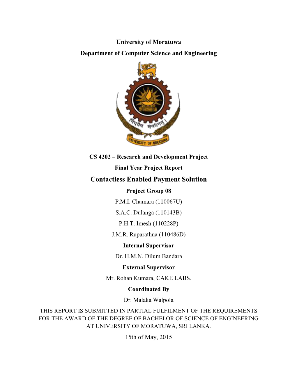 Contactless Enabled Payment Solution Project Group 08 P.M.I