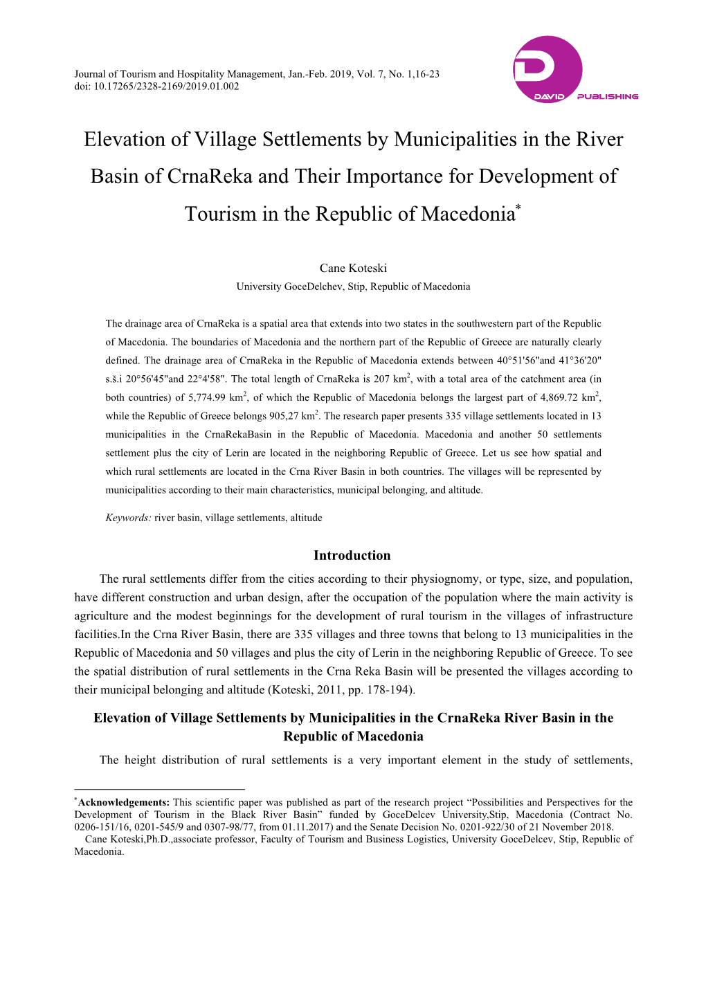 Elevation of Village Settlements by Municipalities in the River Basin of Crnareka and Their Importance for Development of Tourism in the Republic of Macedonia