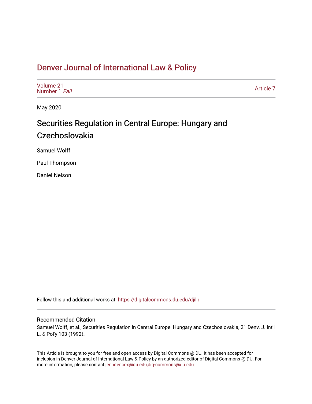 Securities Regulation in Central Europe: Hungary and Czechoslovakia