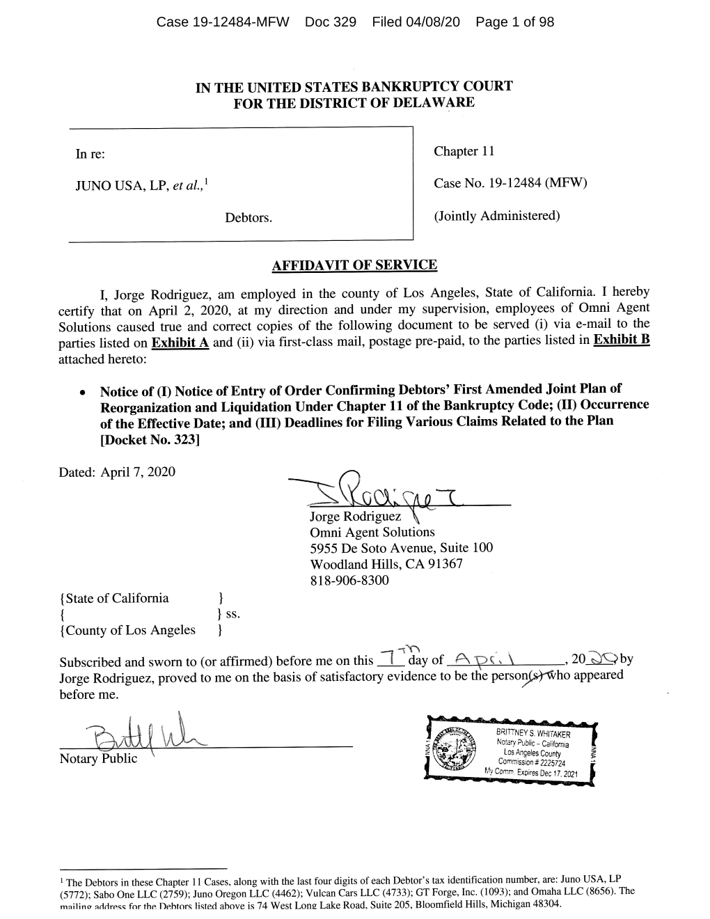 Case 19-12484-MFW Doc 329 Filed 04/08/20 Page 1 of 98 Case 19-12484-MFW Doc 329 Filed 04/08/20 Page 2 of 98