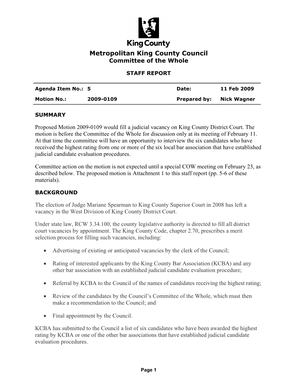 Metropolitan King County Council Committee of the Whole