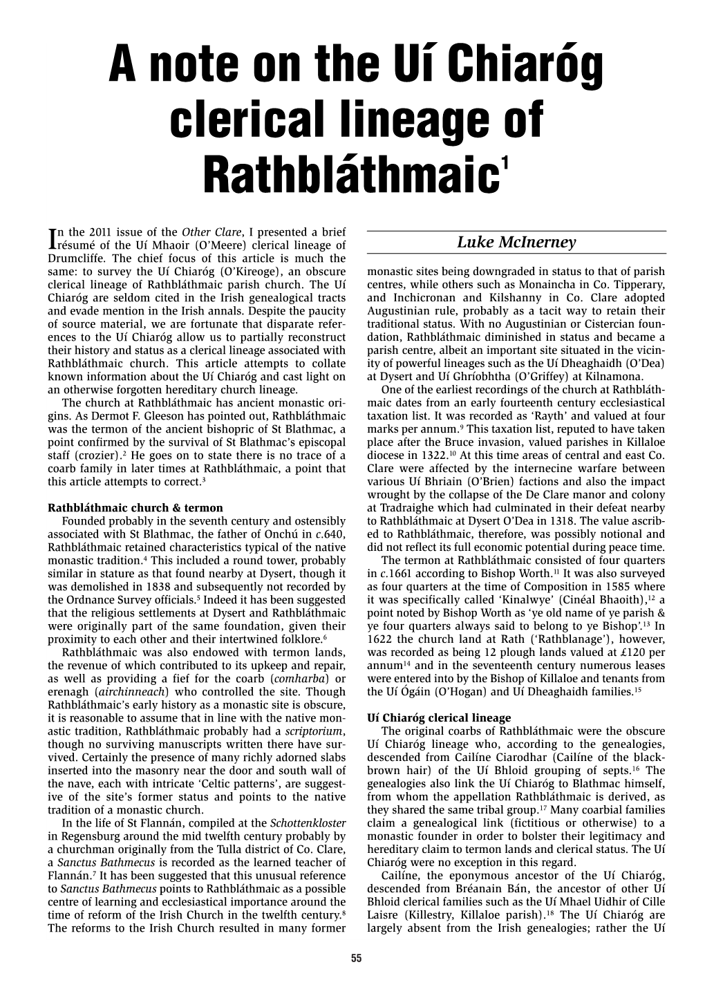 A Note on the Uí Chiaróg Clerical Lineage of Rathbláthmaic1