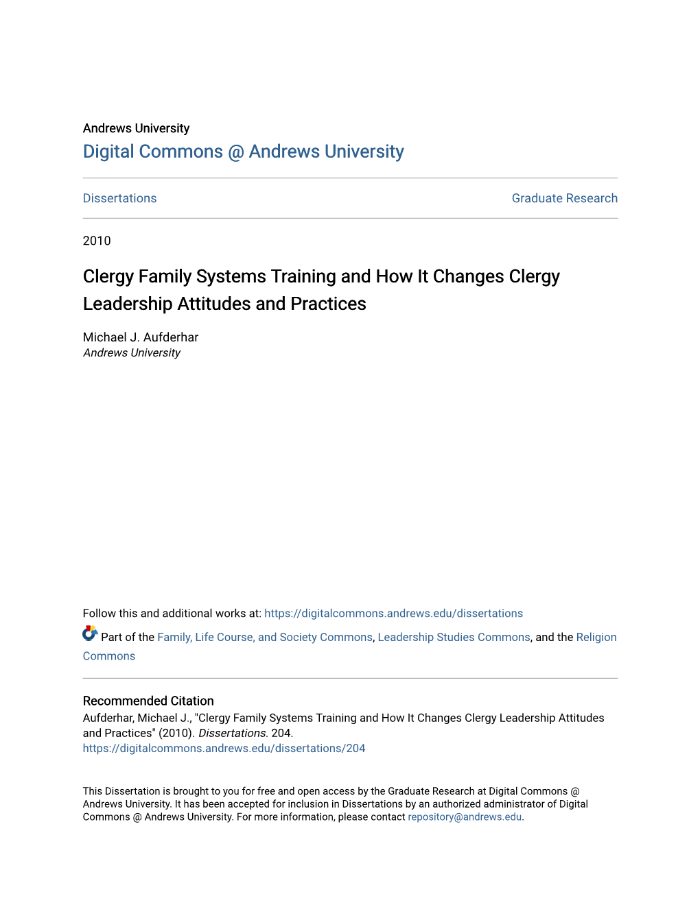 Clergy Family Systems Training and How It Changes Clergy Leadership Attitudes and Practices