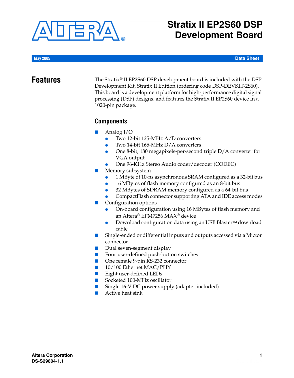 Stratix II EP2S60 DSP Development Board Data Sheet