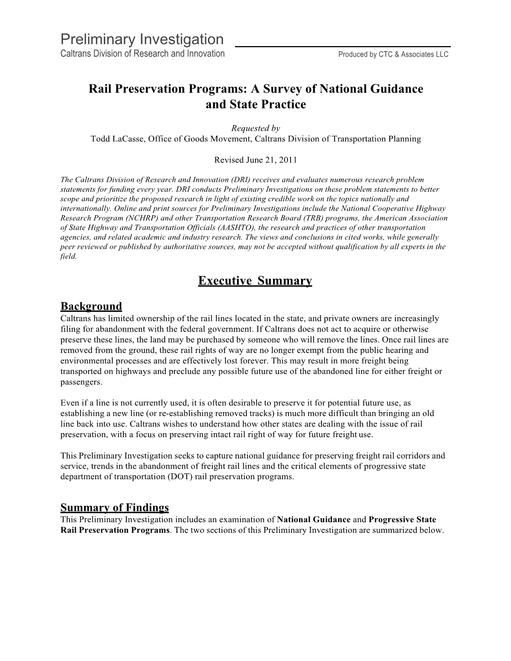Rail Preservation Preliminary Investigation 5-31-11
