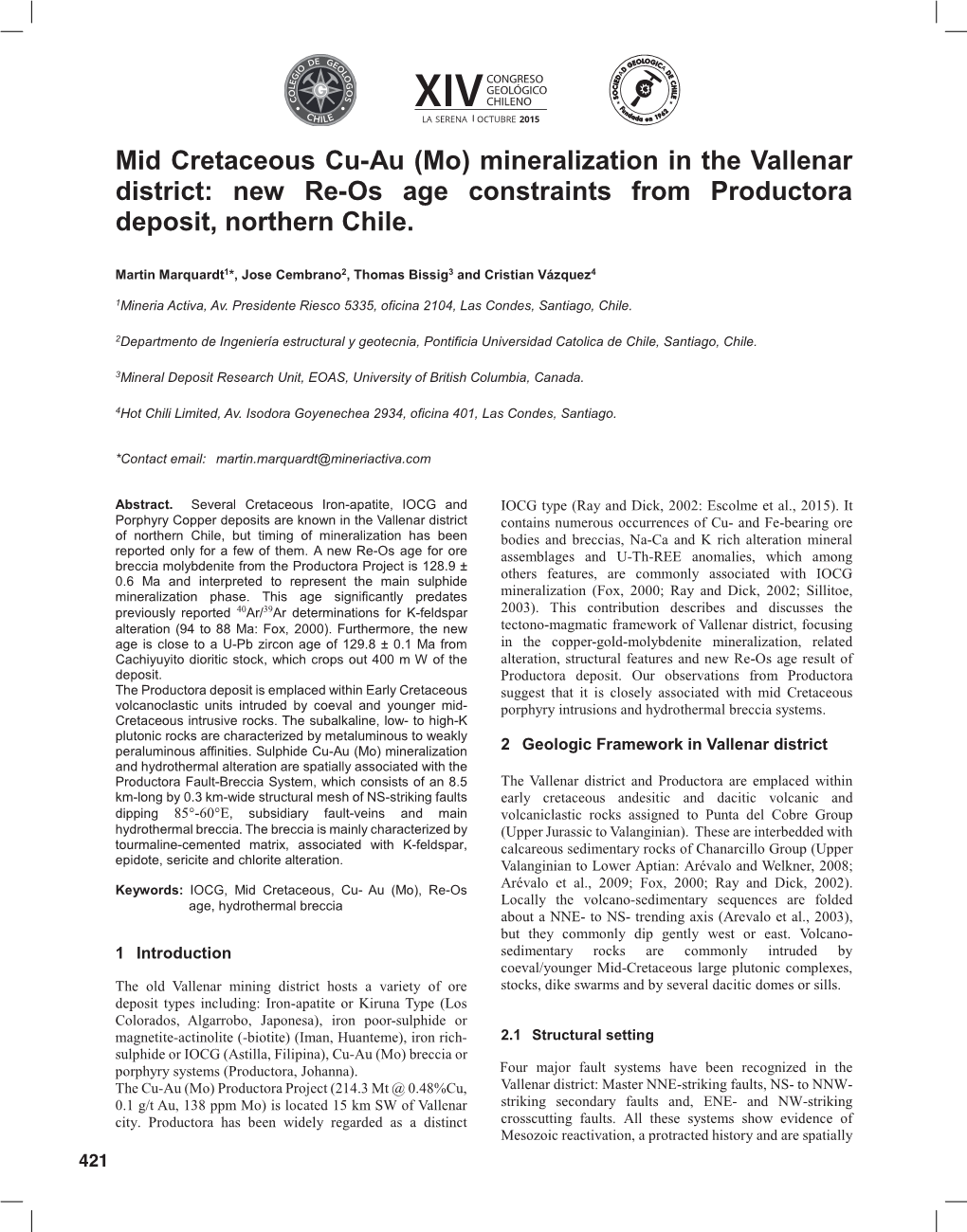 Mid Cretaceous Cu-Au (Mo) Mineralization in the Vallenar District: New Re-Os Age Constraints from Productora Deposit, Northern Chile