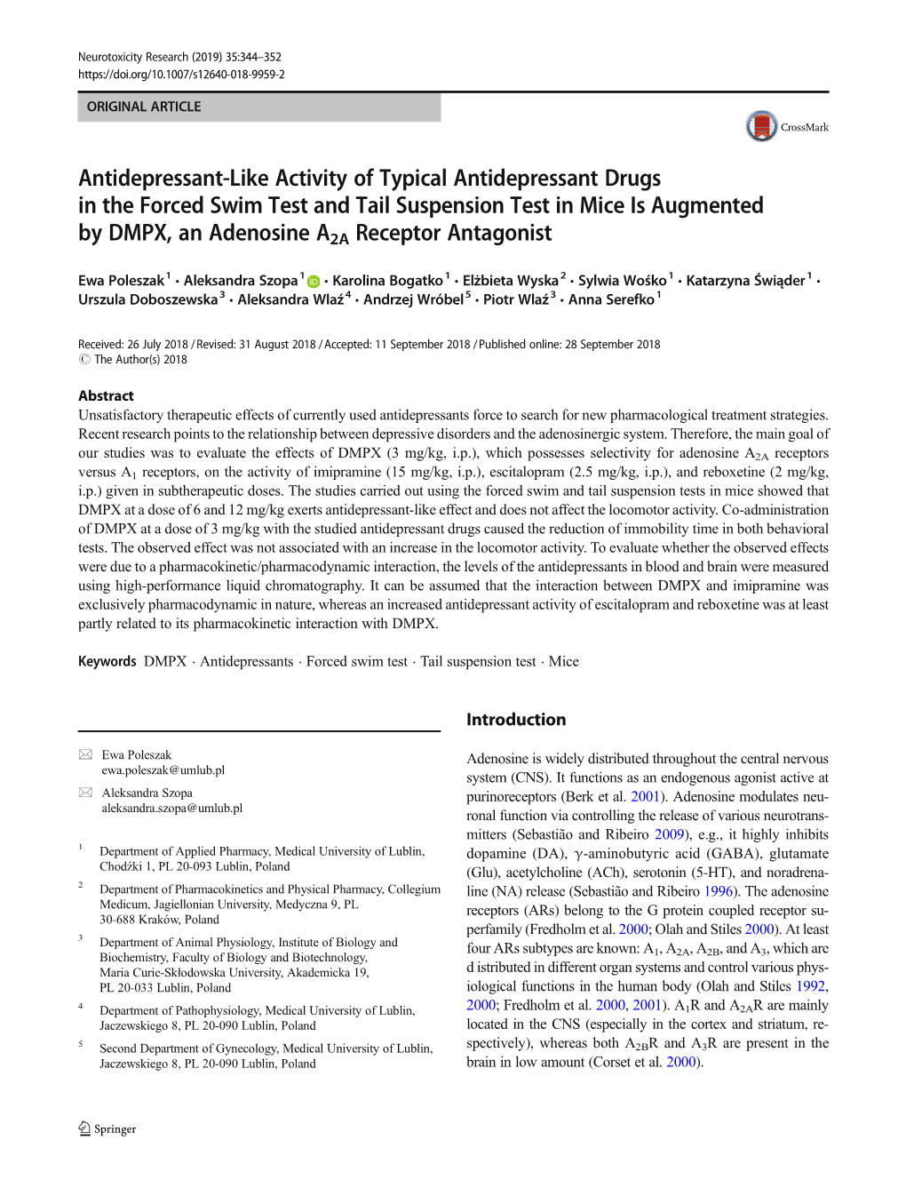 Antidepressant-Like Activity of Typical Antidepressant Drugs in the Forced
