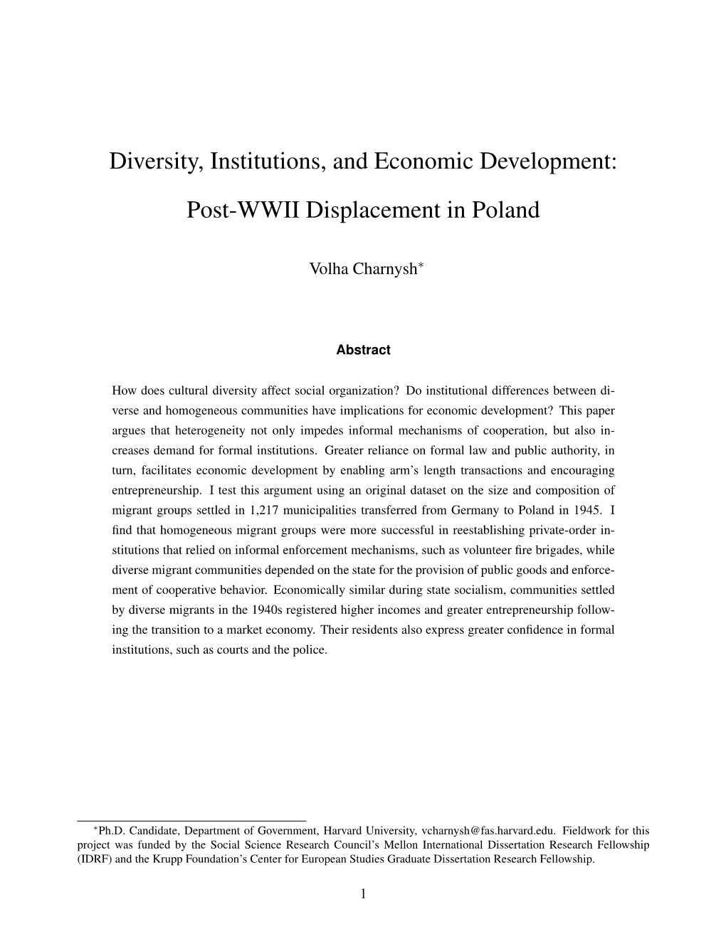 Diversity, Institutions, and Economic Development: Post-WWII Displacement in Poland