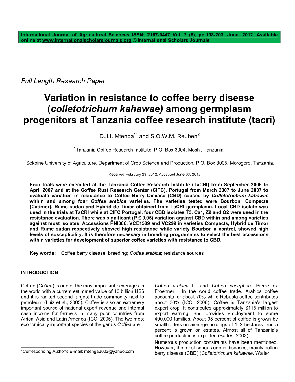 Colletotrichum Kahawae) Among Germplasm Progenitors at Tanzania Coffee Research Institute (Tacri)