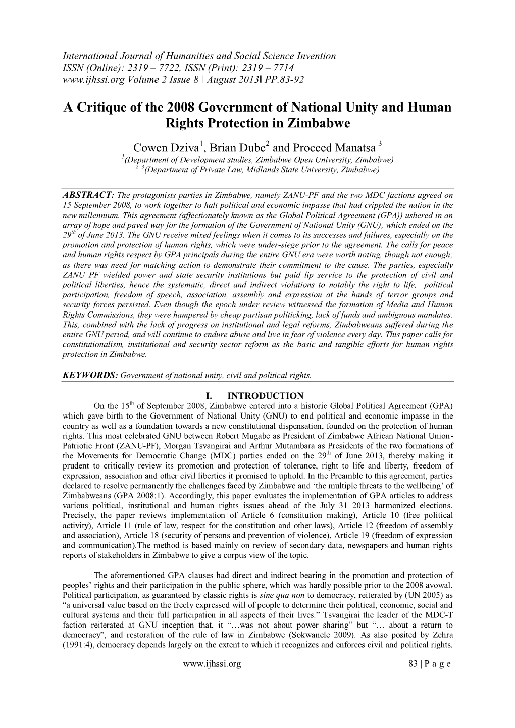 A Critique of the 2008 Government of National Unity and Human Rights Protection in Zimbabwe