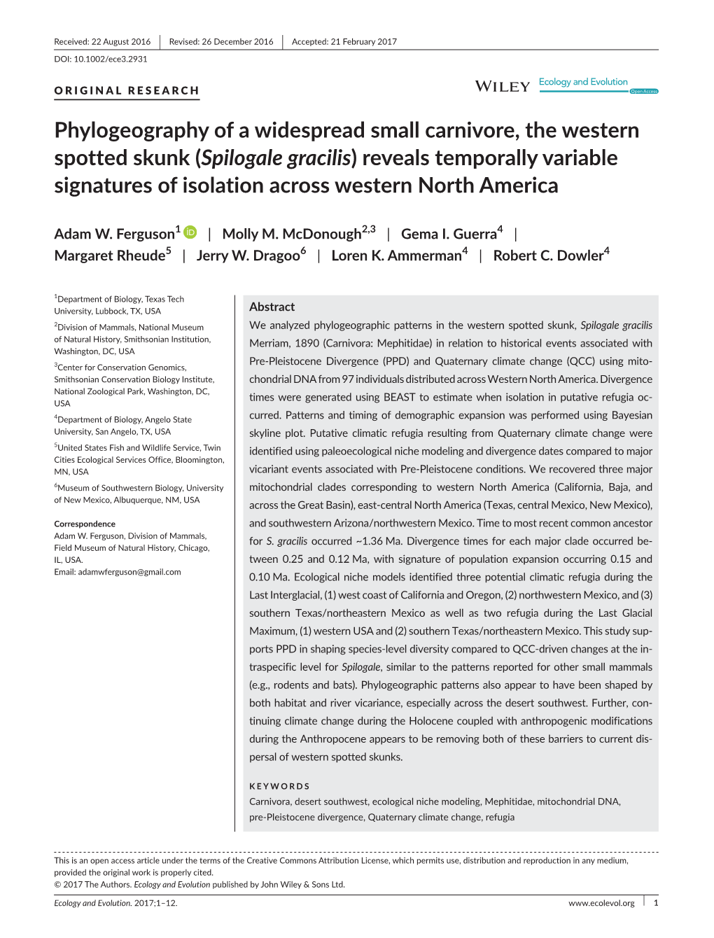 Spilogale Gracilis) Reveals Temporally Variable Signatures of Isolation Across Western North America