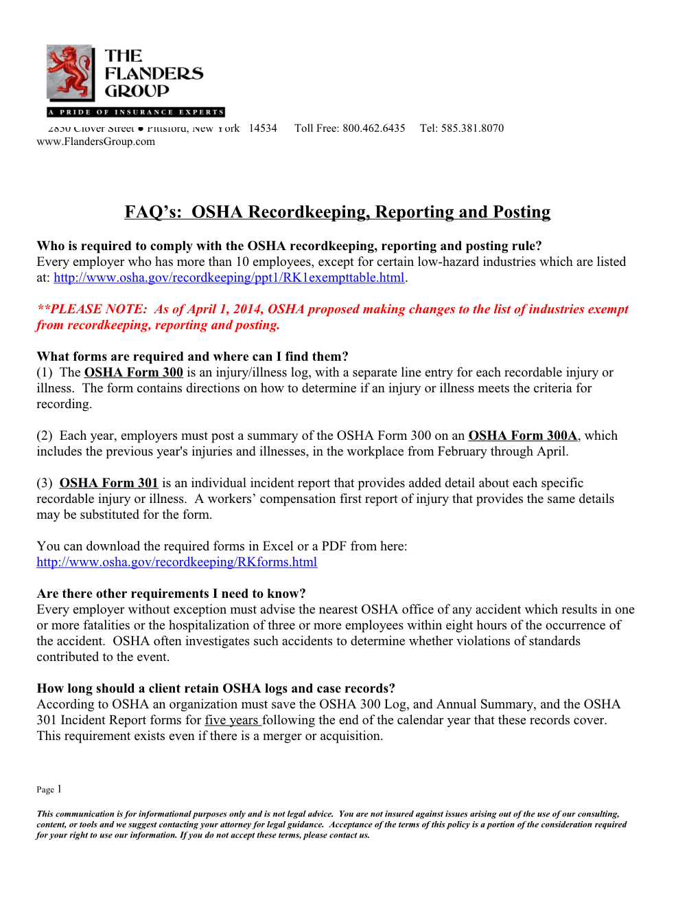 FAQ S: OSHA Recordkeeping, Reporting and Posting